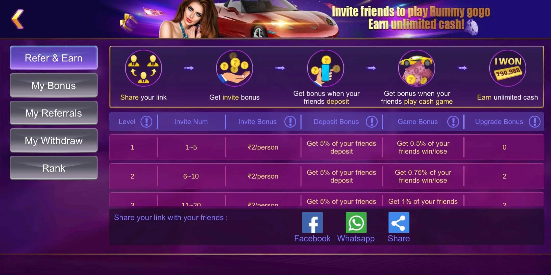 Refer & Earn Money From Rummy GoGo App